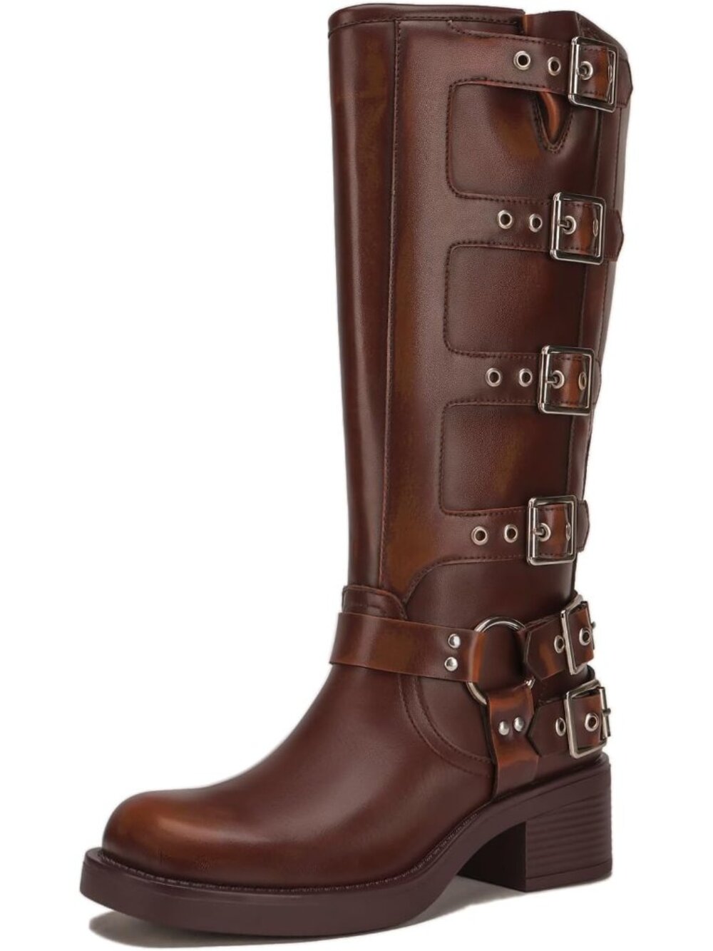Women's Brown Knee High Boots Square Toe Motorcycle Boots with Buckle Biker Boot